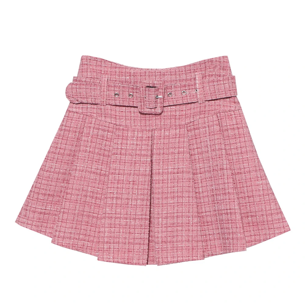 Women Plaid Short Skirt A Line Belt Elegant High Waist Casual Pleated Short Skirt Pink S