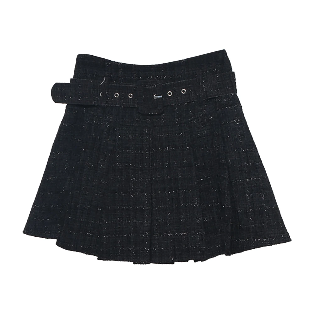 Women Plaid Short Skirt A Line Belt Elegant High Waist Casual Pleated Short Skirt Black M