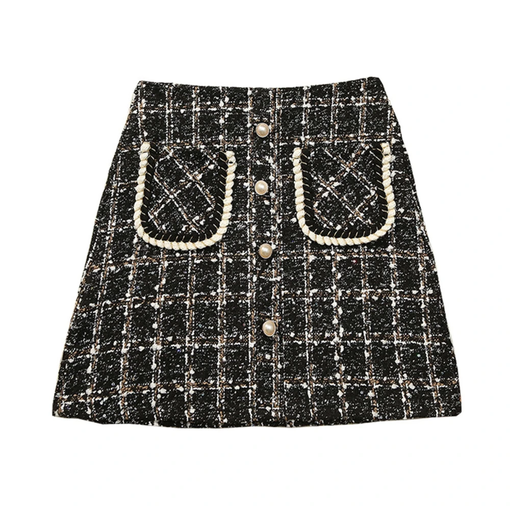 Plaid A Line Short Skirt High Waisted Single Row Button Front Fashionable Women A Line Skirt for Daily Wear Black S