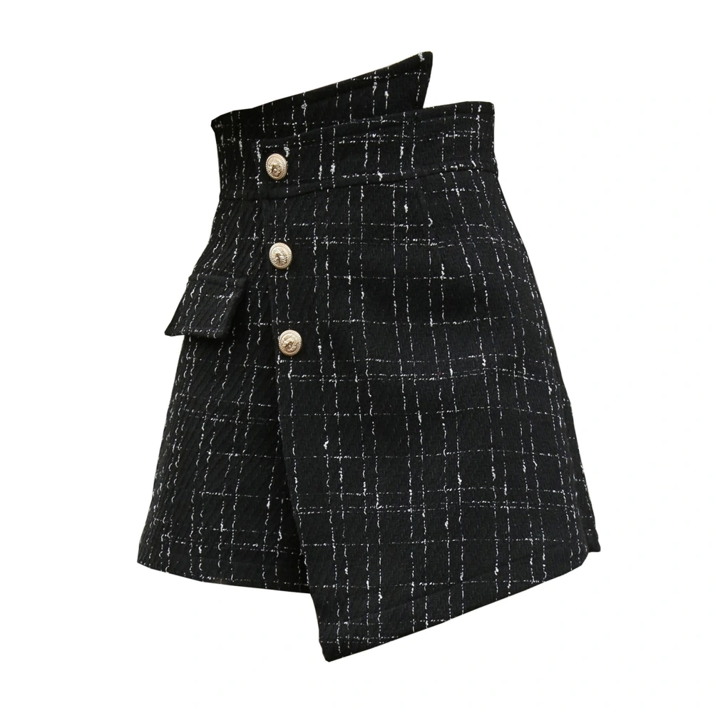 High Waist Button Front Skirt Fashionable Irregular Women Plaid Tweed Wrap Skirt for Spring Black M