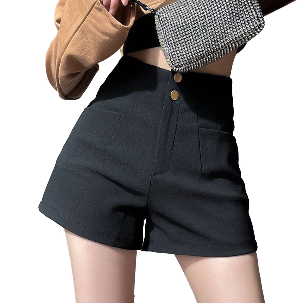 Women Summer Shorts High Waist Button Closure Wide Legs Casual Shorts with Side Pockets Black L(122.4‑137.8lb)