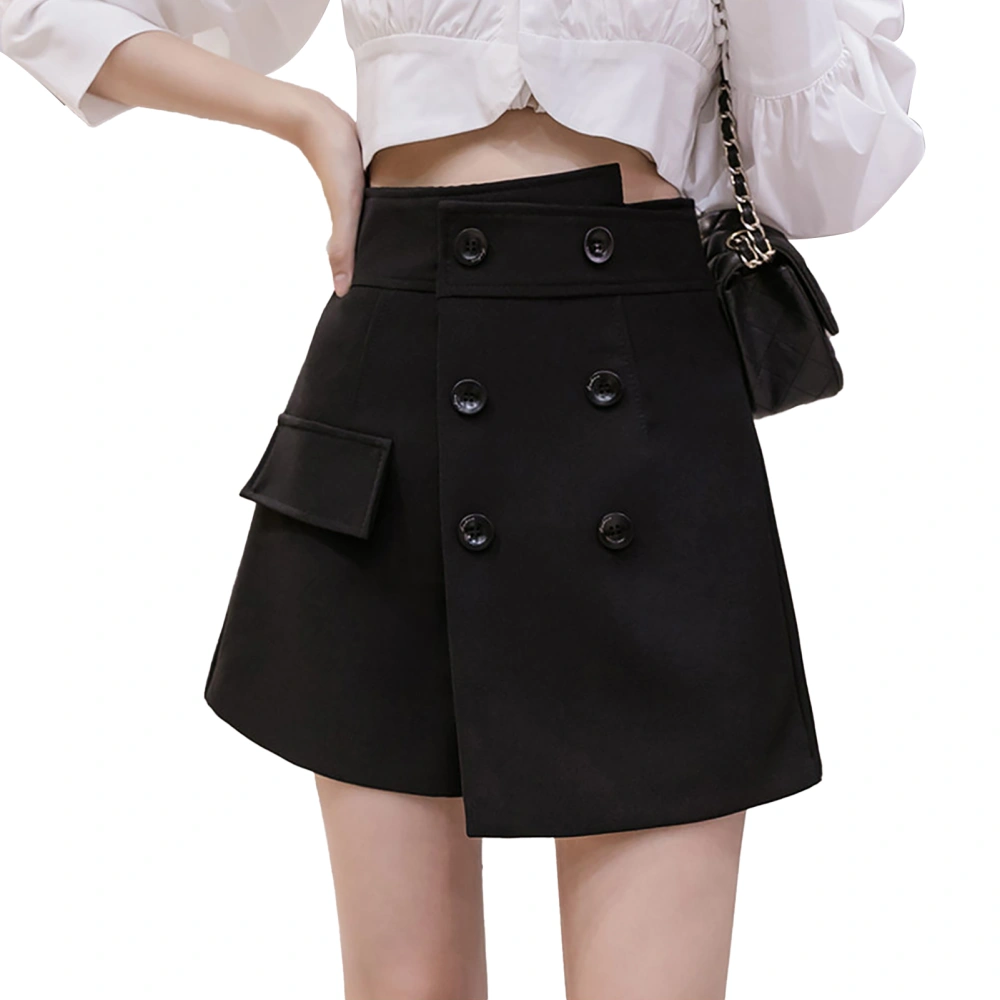 Double Breasted A Line Shorts Skirt Women Fashionable Pure Color High Waist Shorts for Holiday Party Black L