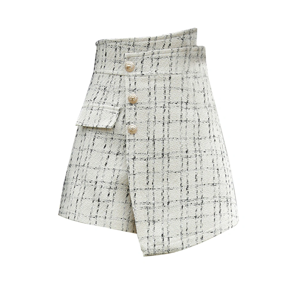 High Waist Button Front Skirt Fashionable Irregular Women Plaid Tweed Wrap Skirt for Spring Apricot M