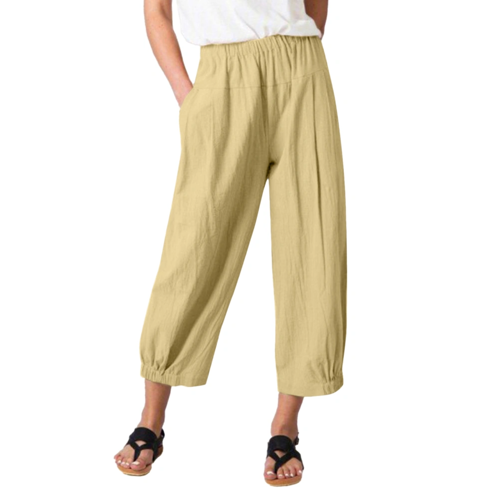 Women Wide Leg Pants Elastic High Waist Loose Fit Pure Color Casual Lady Ninth Pants with Pockets for Travel Fitness Khaki XL