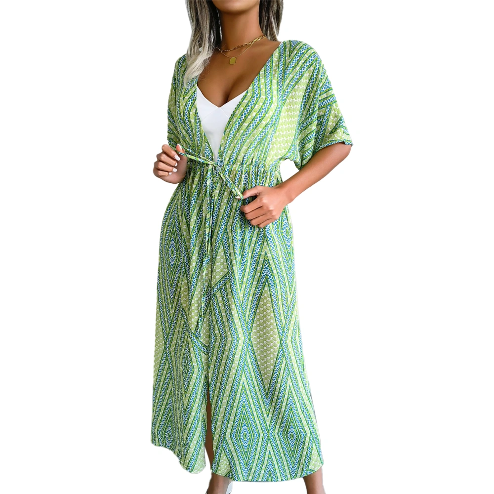 Long Bikini Cover Up Printed Short Sleeve Fashion Loose Fit Front Open Belt Swimsuit Cover Up for Women Green L