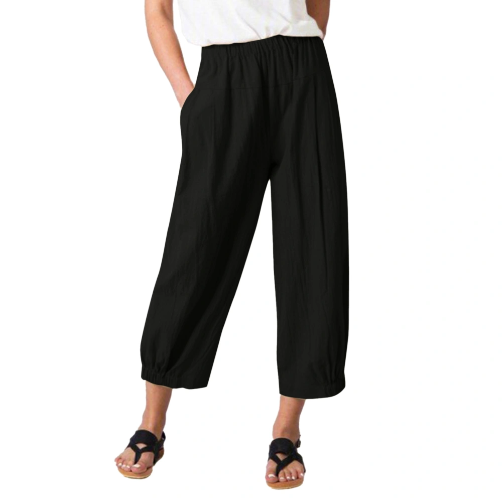 Women Wide Leg Pants Elastic High Waist Loose Fit Pure Color Casual Lady Ninth Pants with Pockets for Travel Fitness Black XXL