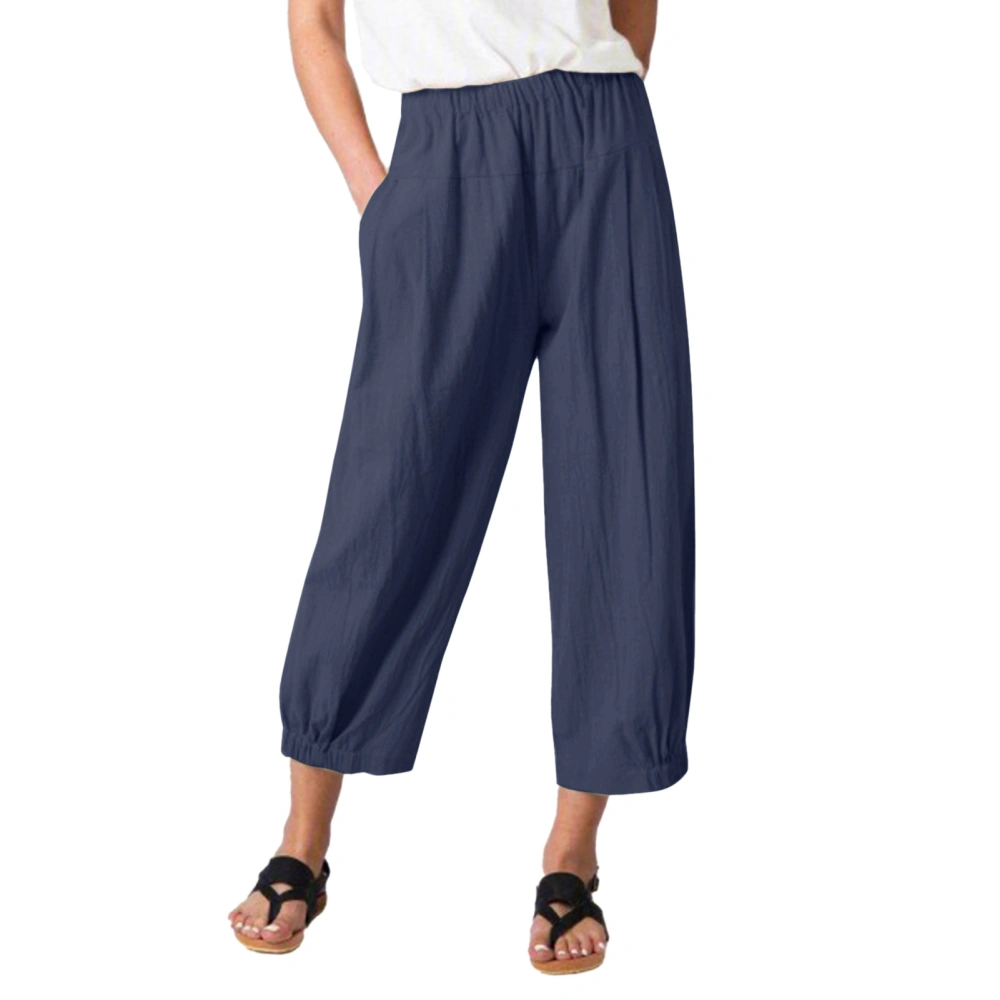 Women Wide Leg Pants Elastic High Waist Loose Fit Pure Color Casual Lady Ninth Pants with Pockets for Travel Fitness Navy Blue XL