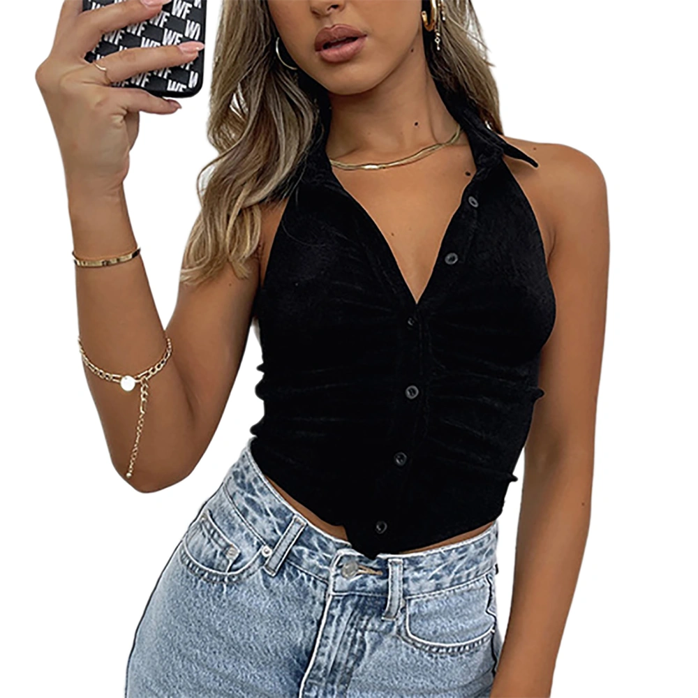 Women Button Up Tank Top Casual Elegant Pure Color Turn Down Collar Halterneck Sleeveless Top for Office Black L