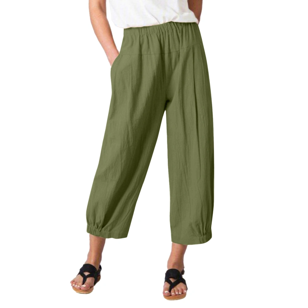 Women Wide Leg Pants Elastic High Waist Loose Fit Pure Color Casual Lady Ninth Pants with Pockets for Travel Fitness OD Green M