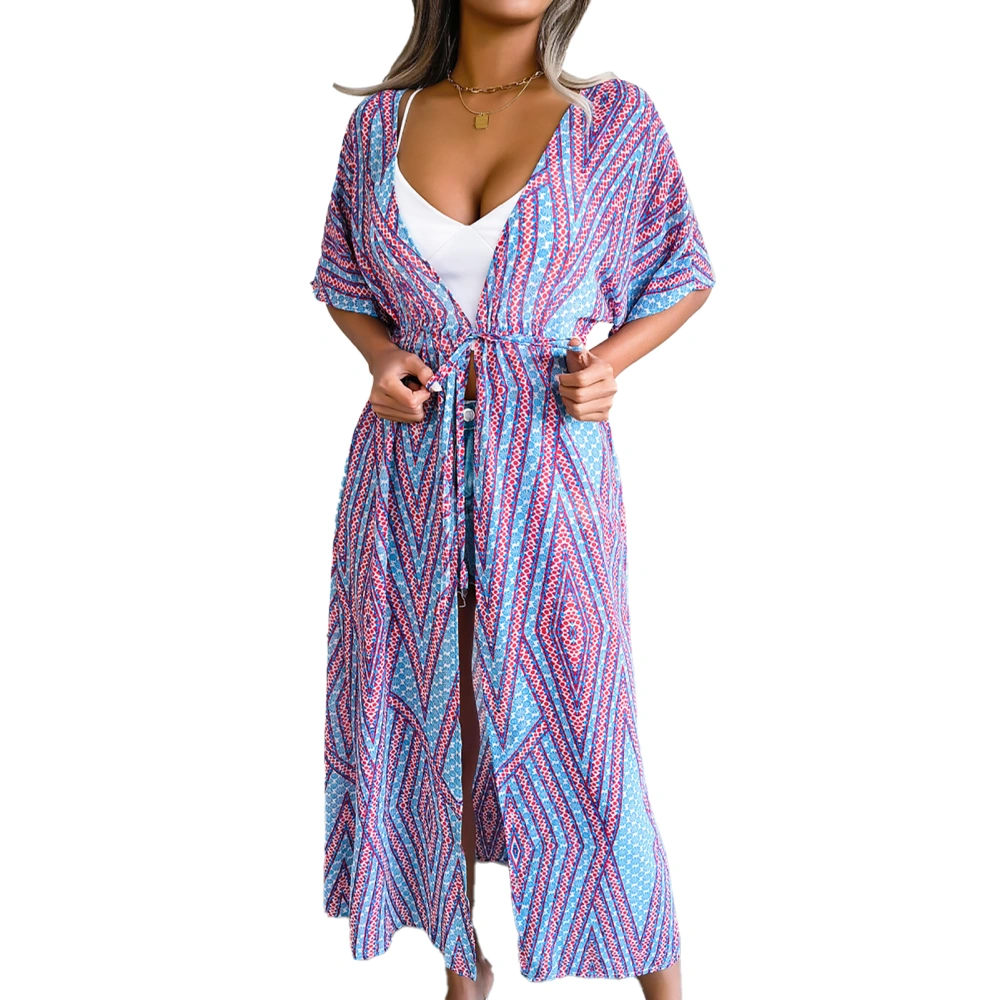 Long Bikini Cover Up Printed Short Sleeve Fashion Loose Fit Front Open Belt Swimsuit Cover Up for Women Blue M