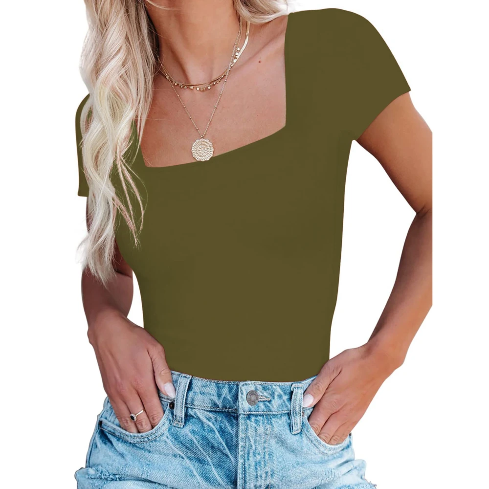 Short Sleeve Bodysuit Women Elegant Slim Fit Pure Color Snap Button Bodysuit for Cocktail Party OD Green S