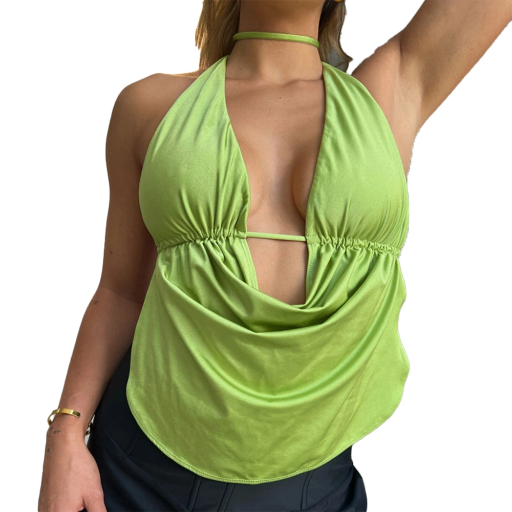 Belly Top Women Halter Strap Deep V Backless Spice Girl Small Vest Polyester for Summer Green S