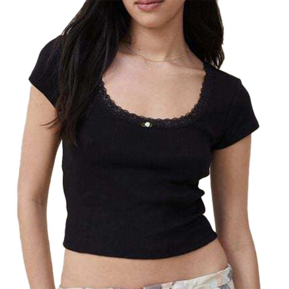 Women T Shirt Short Sleeves U Neck Lace Trim Neckline Summer Casual Top for Daily Wear Black L