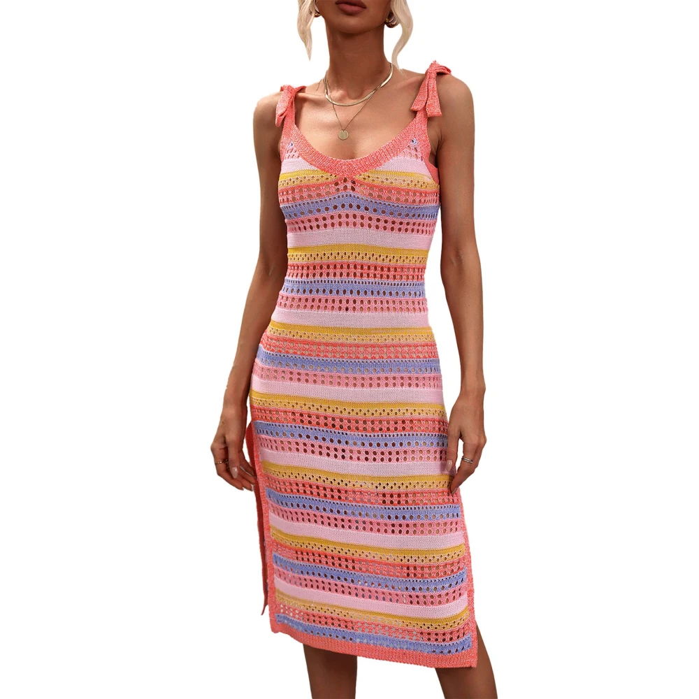 Women Tie Shoulder Knitting Dress Striped Tunic Sleeveless Crochet Dress Slit Knee Length Skirt Orange XL