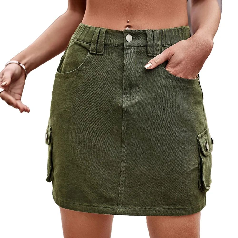 Women Denim Short Skirt with Multiple Pockets Elastic Waist Casual Button Skirt for Summer Army Green M