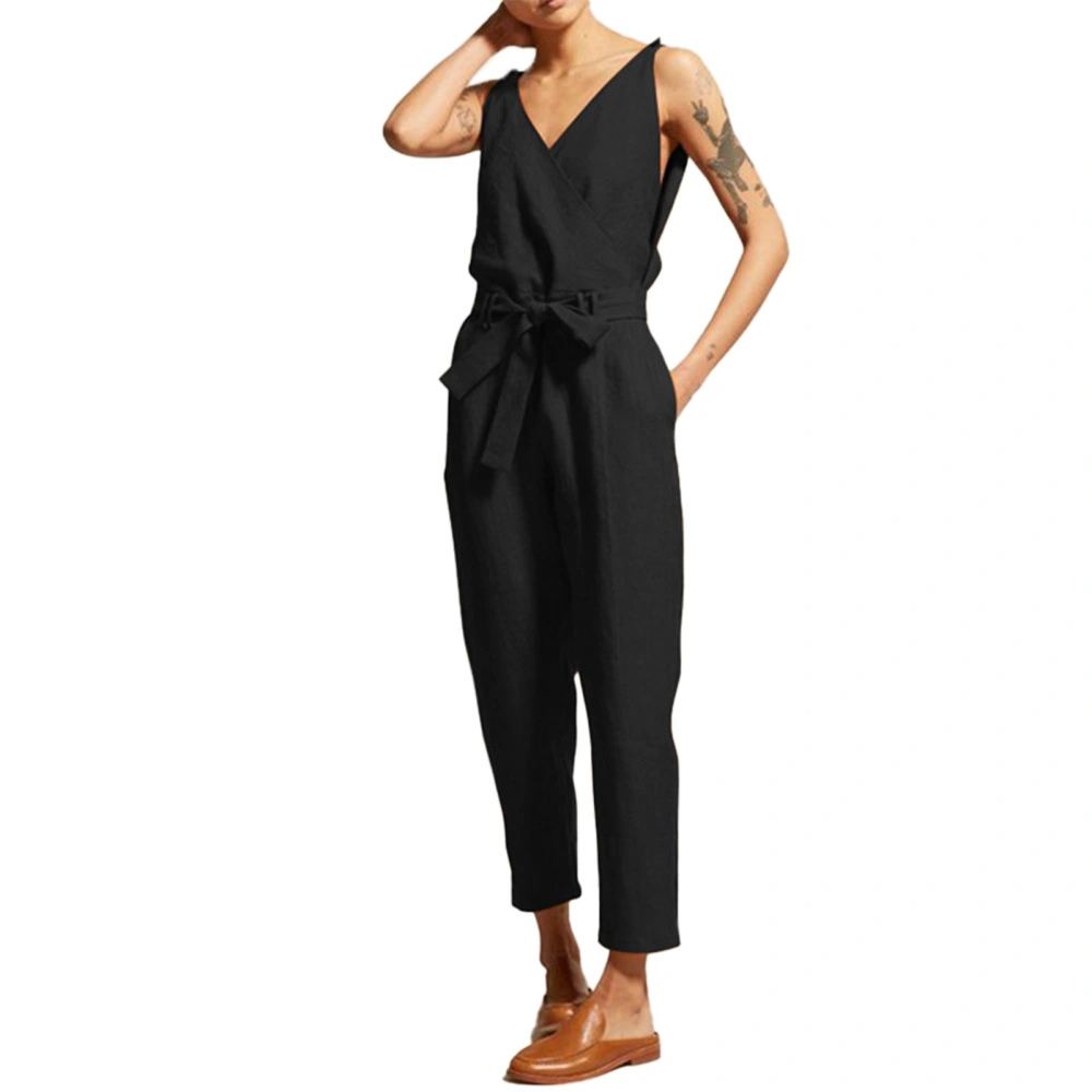 Women Casual Jumpsuit Sleeveless V Neck Wrap Tie Waist Elegant 1 Piece Outfit for Party Club Wedding Leisure Outdoor Black XL