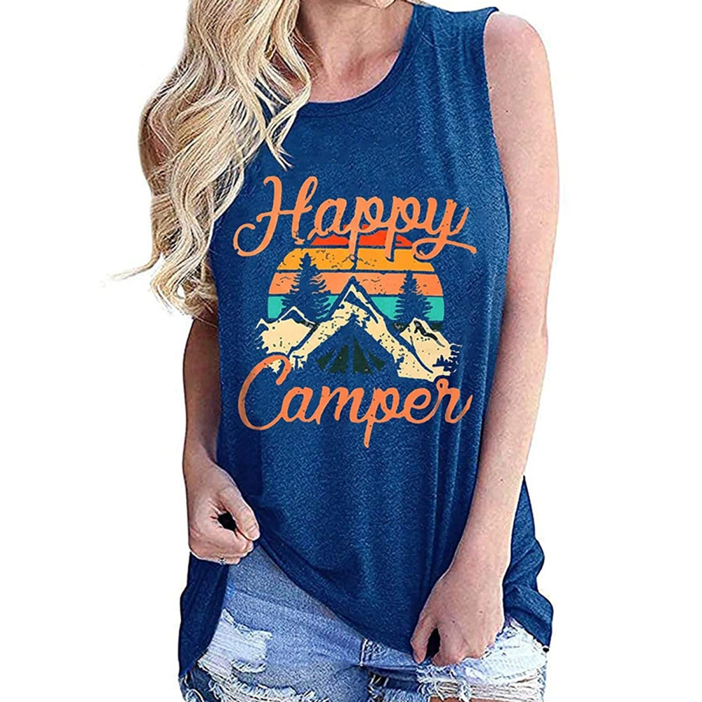 Women Tank Top Pretty Print Sleeveless Shirt Crew Neck Comfortable for Date Travel Blue M