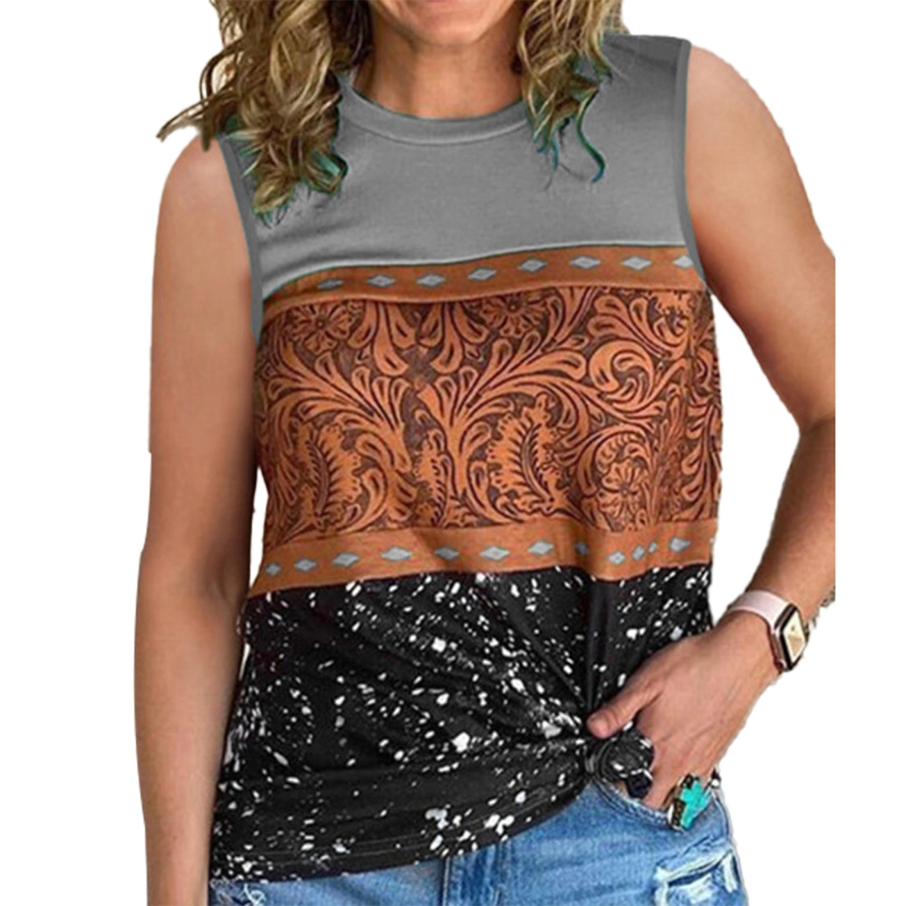 Women Tank Top Ethnic Printing Round Neck Loose Fitting Summer Sleeveless Vest for Casual Wear Grey S