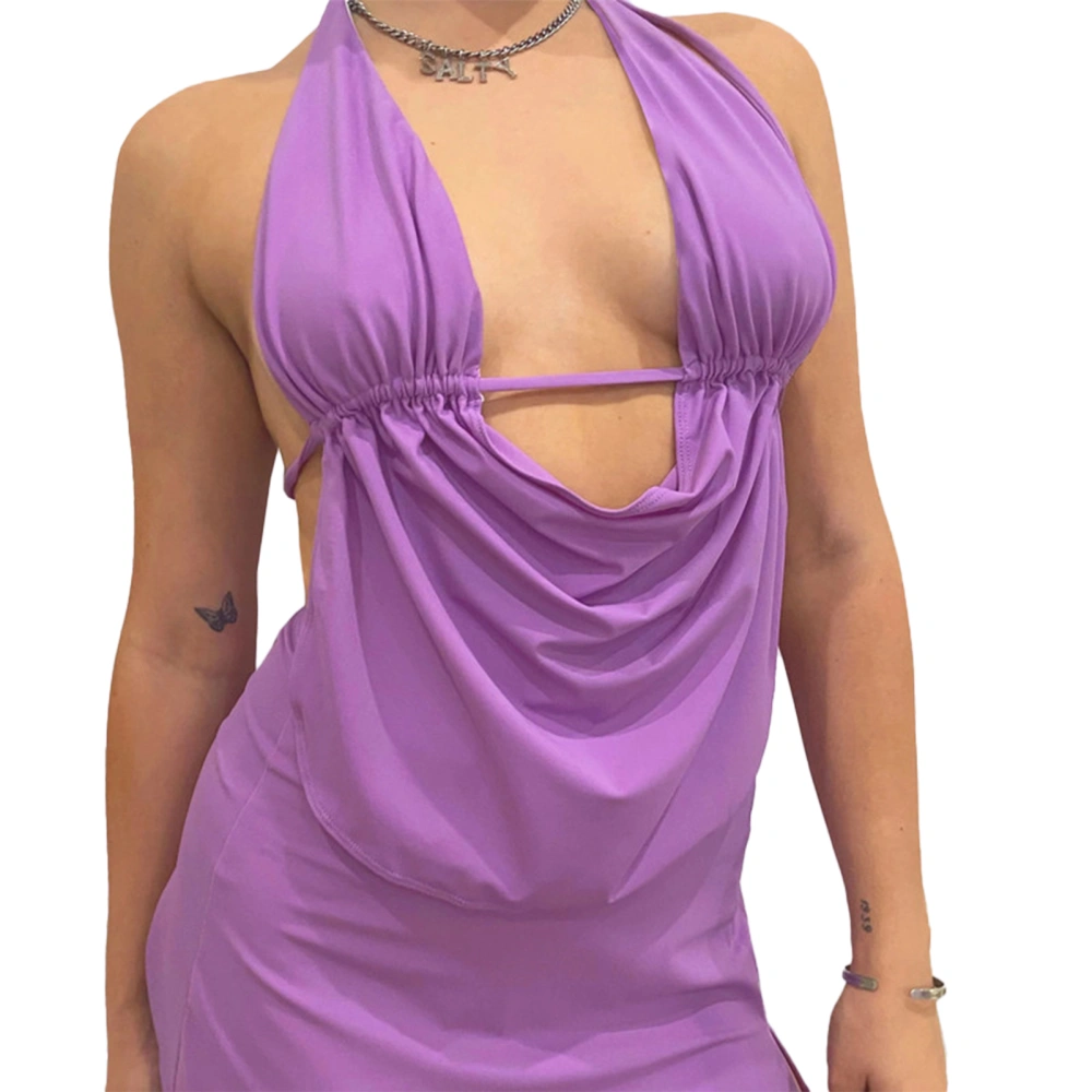 Belly Top Women Halter Strap Deep V Backless Spice Girl Small Vest Polyester for Summer Purple S