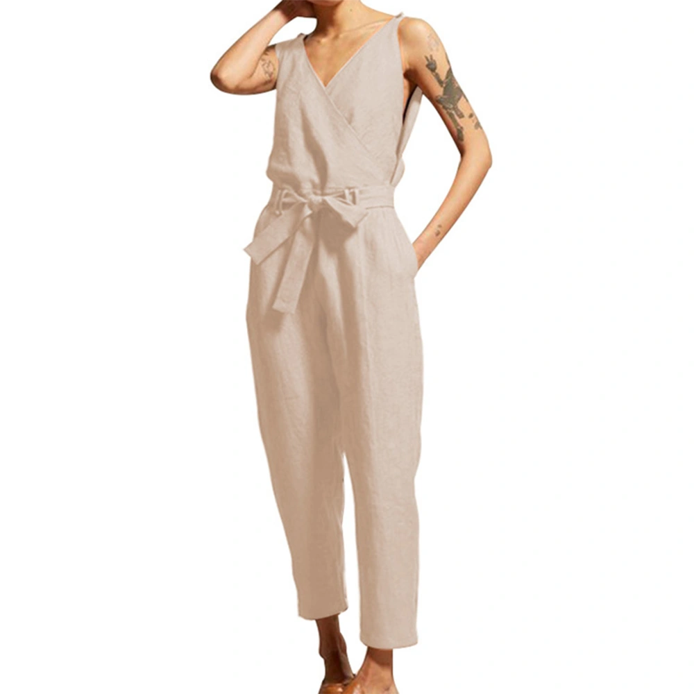 Women Casual Jumpsuit Sleeveless V Neck Wrap Tie Waist Elegant 1 Piece Outfit for Party Club Wedding Leisure Outdoor Apricot XL