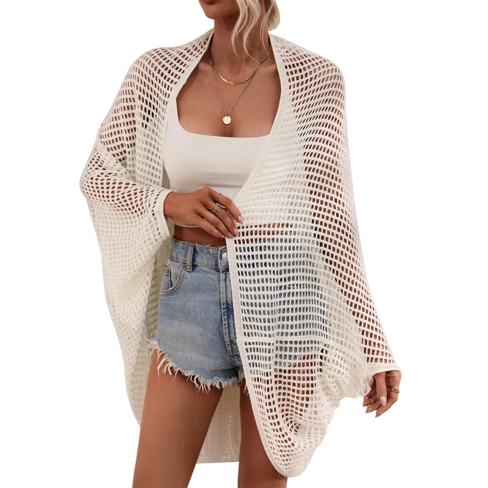 Women Hollow Out Bikini Cover Up Sheer Knitted Loose Long Sleeve Open Front Swimsuits Coverup White XL