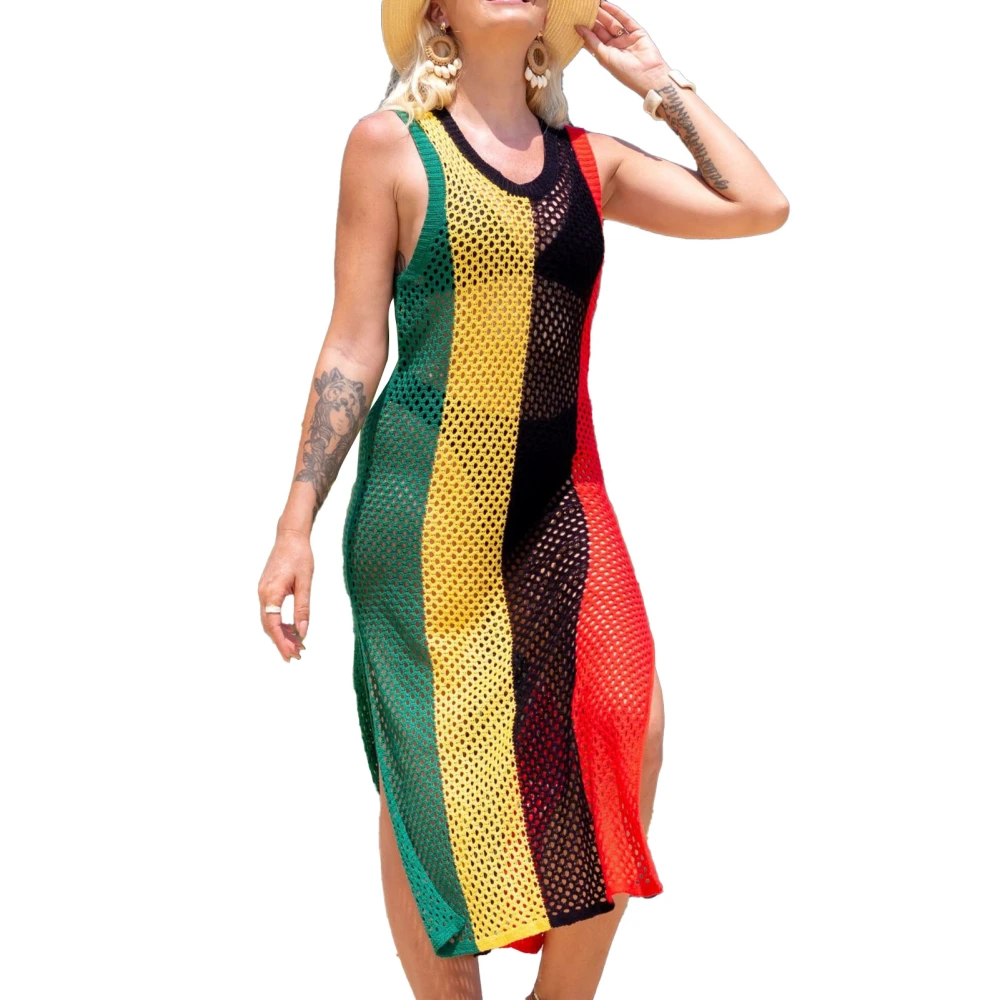 Women Knit Cover Up Dress Knit Hollow Out Round Neck Sleeveless Hem Side Split Bikini Coverup Dress for Summer Beach Black Yellow Green Red Free Size