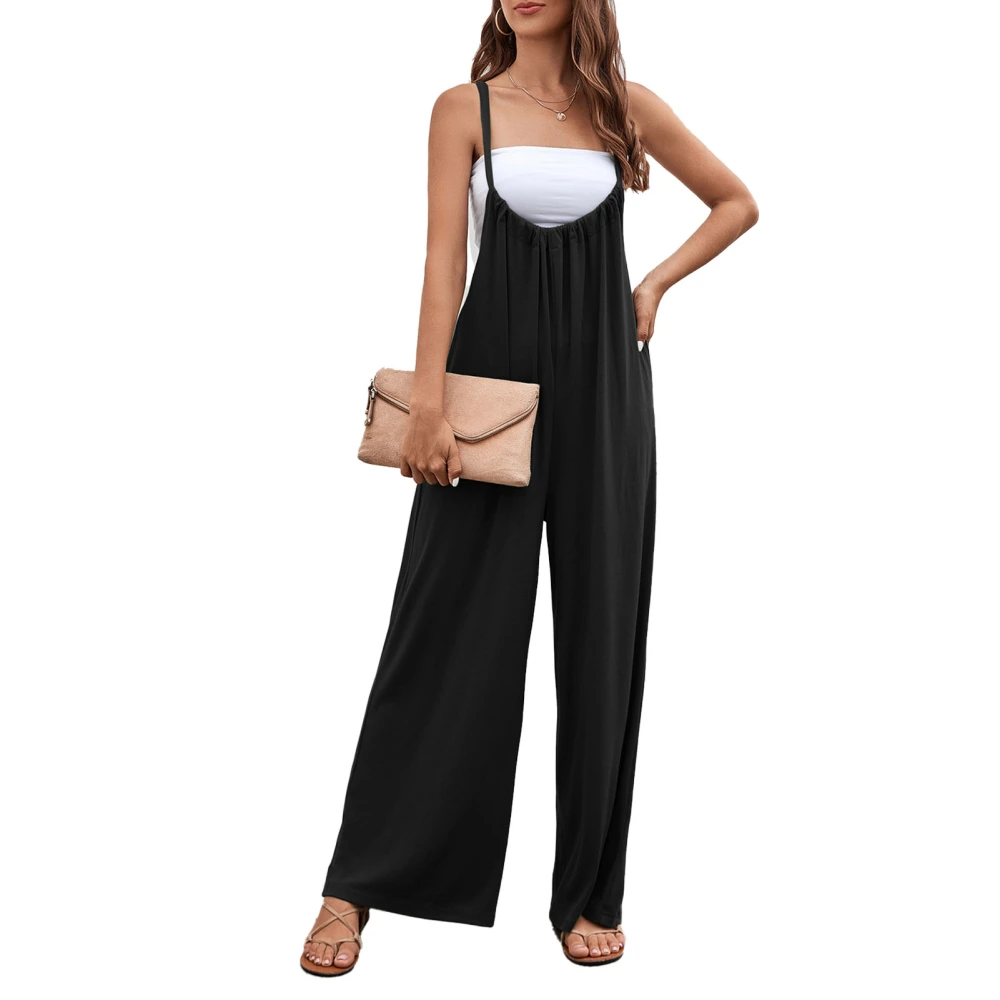 Wide Leg Jumpsuit High Waist Backless Strap Casual Loose Polyester Women Clothing Black XL