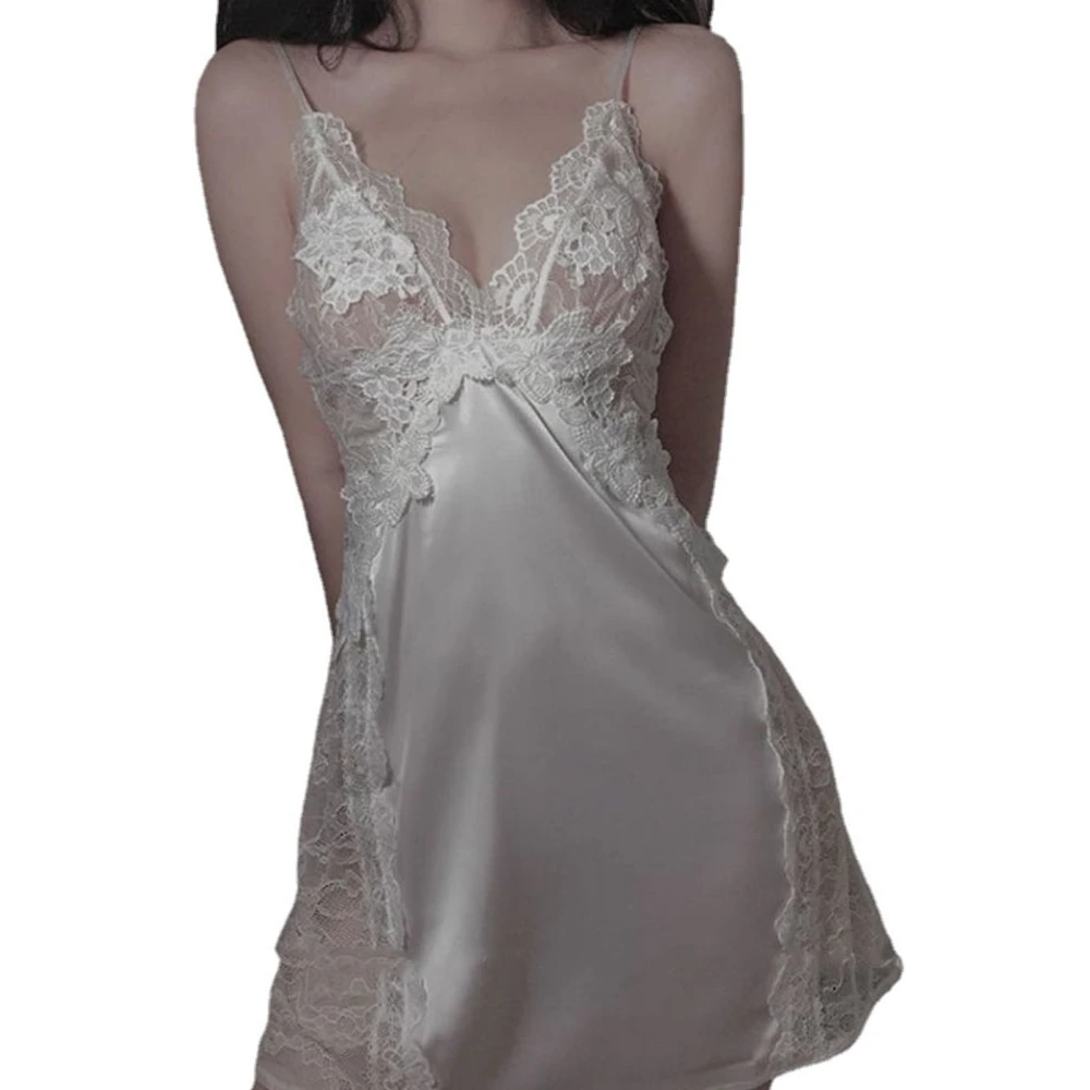 Lace Mesh Suspender Night Dress Deep V Charming Hollow Out Adjustable Shoulder Straps Breathable for Women White M 42.5‑45kg