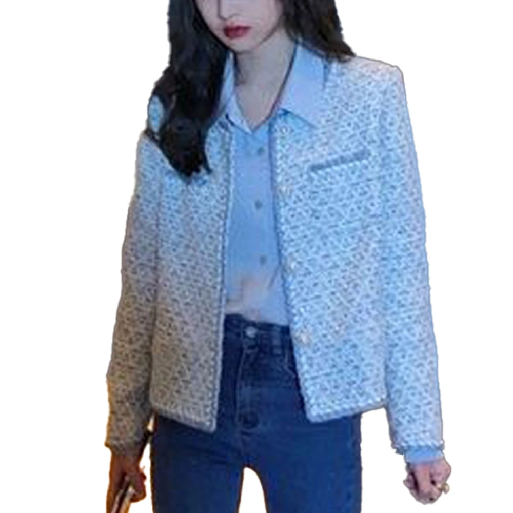 Plaid Coat Outwear Long Sleeve Open Front Flap Pockets Button Up Shirt Jacket for Dating Spring Autumn Blue S