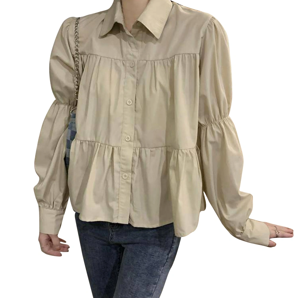 Women Long Sleeve Blouse Soft Breathable Loose Hem Button Down Casual Shirts for Spring Autumn Light Apricot L 53‑57.5kg / 116.8‑126.8lb