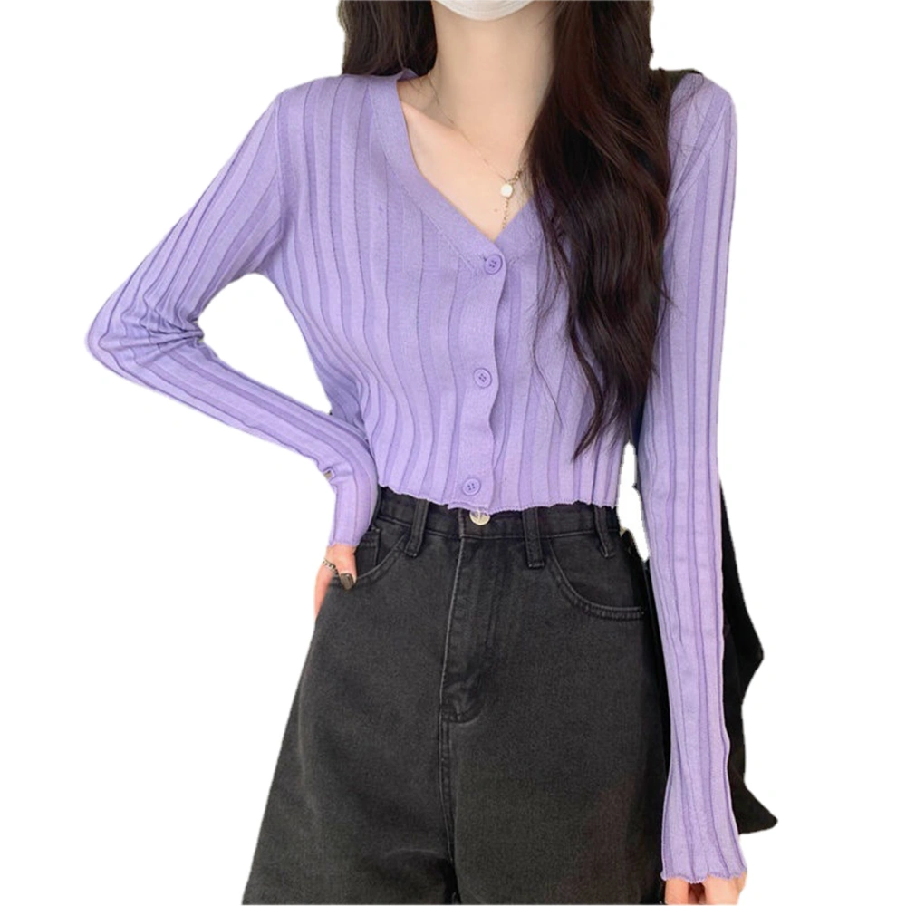 V Neck Knit Sweater for Women Clear Line Soft Skin Friendly Stylish Long Sleeve Open Knit Sweater for Daily Life Purple Free Size