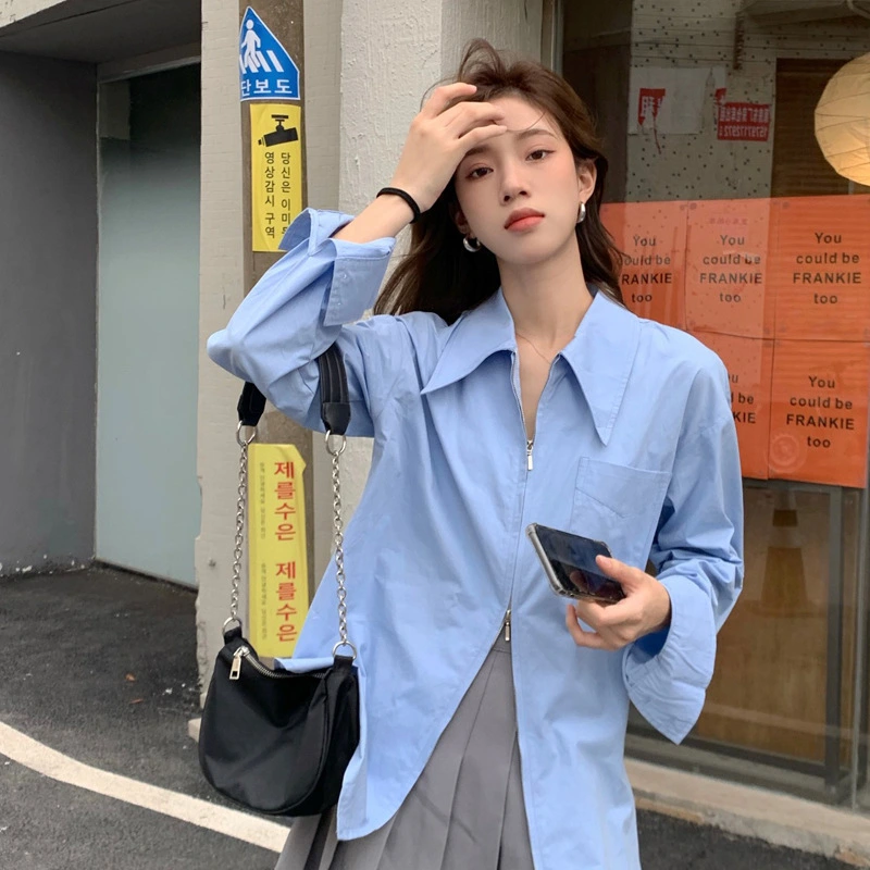 Women Long Sleeves Shirt Zipper Closure Chest Pocket Pure Color Casual Oversized Blouse Blue XL