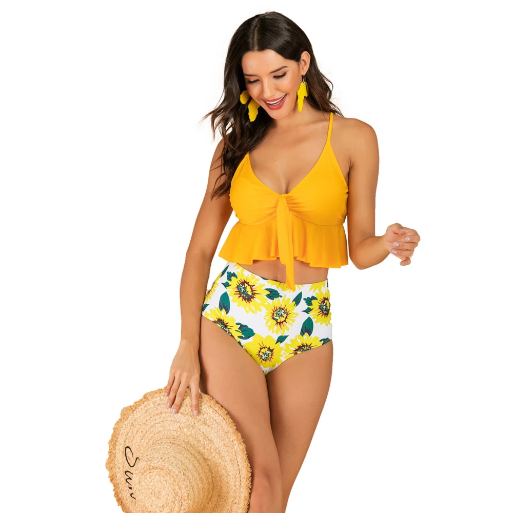 Ruffle Ruched 2 Pieces Swimsuit Wireless Deep V Neck High Waist Print Underwear Ruffle Bikini Set 2XL Yellow Flowers 2XL