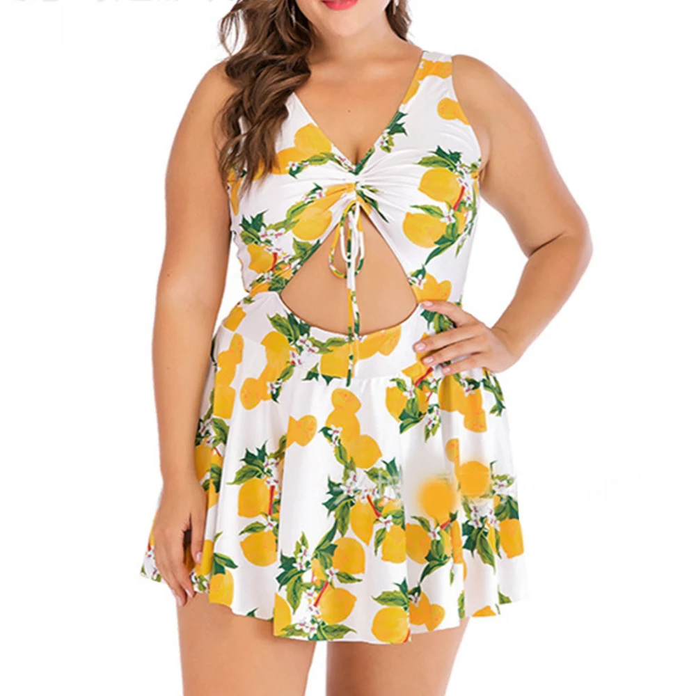 Ruched Cutout Swimsuit Wireless with Chest Pad Print Elastic Cutout One Piece Bathing Suit Plus Size Yellow XXL