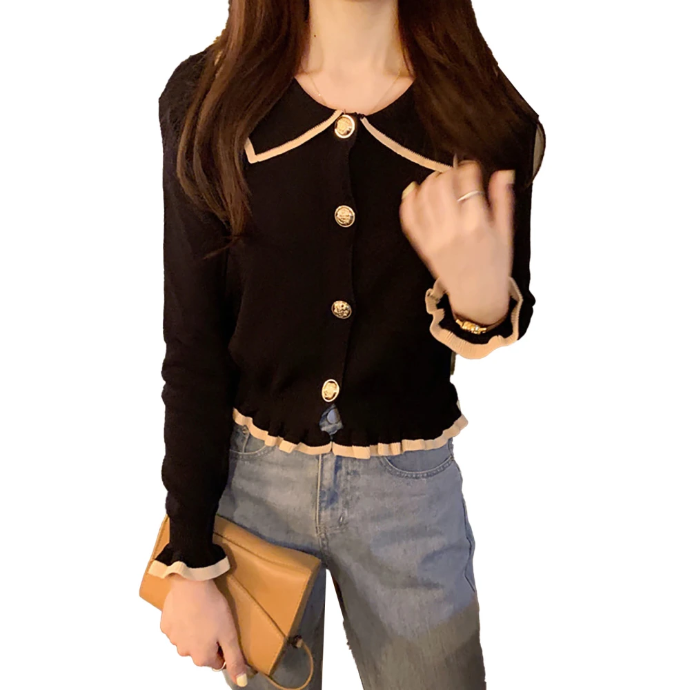 Women Casual Open Front Knit Sweater Single Breasted Long Sleeve Frill Trim Turn Down Collar Slim Fit Top Black Free Size