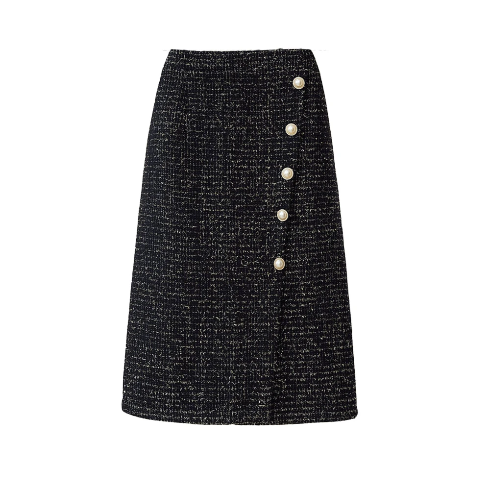 Women Split Midi Skirt High Waisted Bodycon A Line Buttoned Elegant Winter Half Skirt Black M