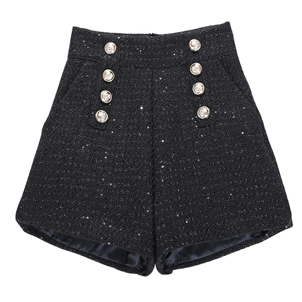 Wide Leg Shorts High Waist Zipper Closure Front Buttons Decoration Glitter Women Shorts with Pockets for Daily Party Black S