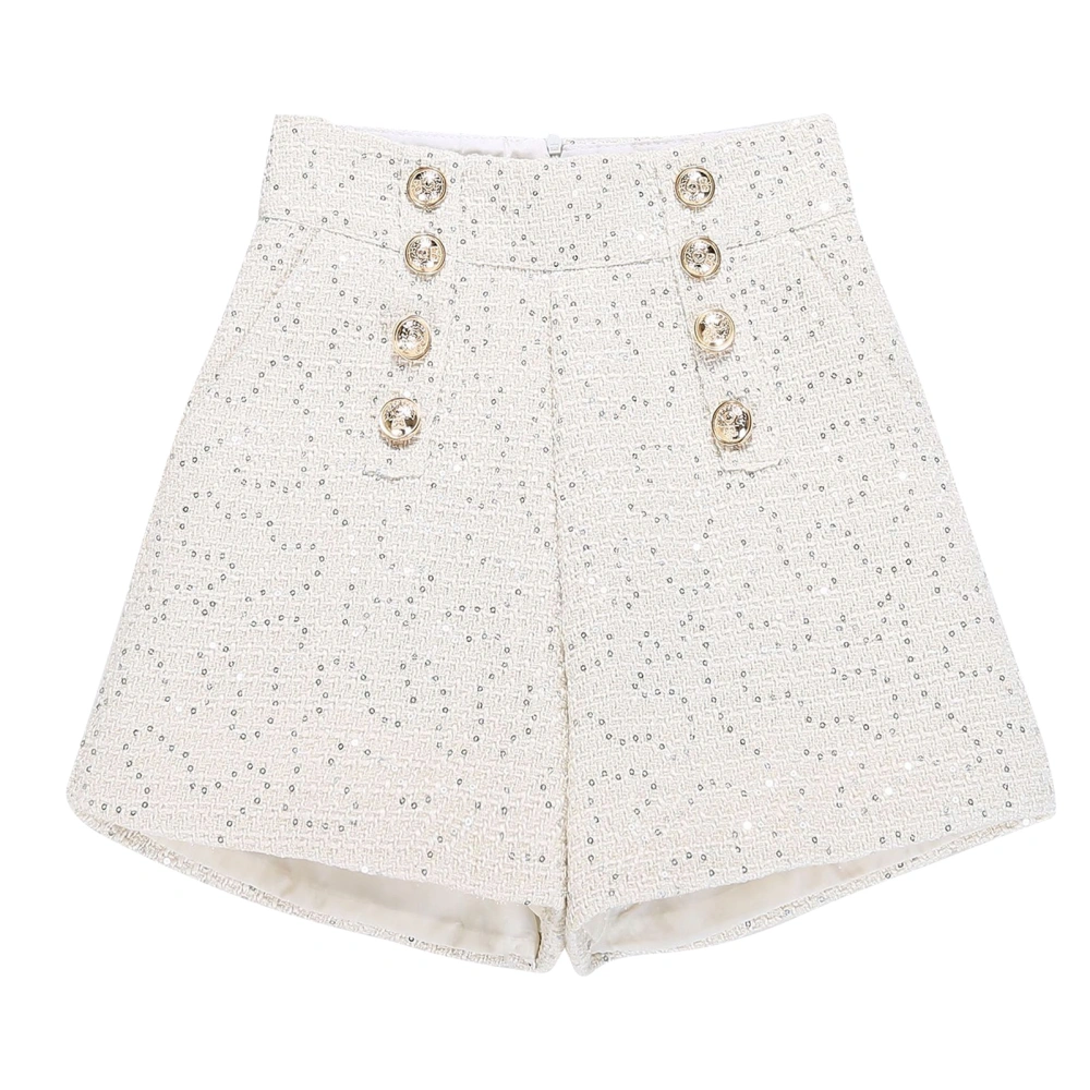 Wide Leg Shorts High Waist Zipper Closure Front Buttons Decoration Glitter Women Shorts with Pockets for Daily Party Apricot L