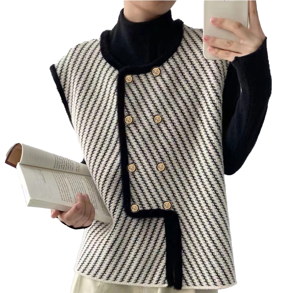 Women Diagonal Stripes Coat Double Breasted Loose Type Soft Fleece Casual Jacket Black White Vest Free Size(88.18‑132.28lb)