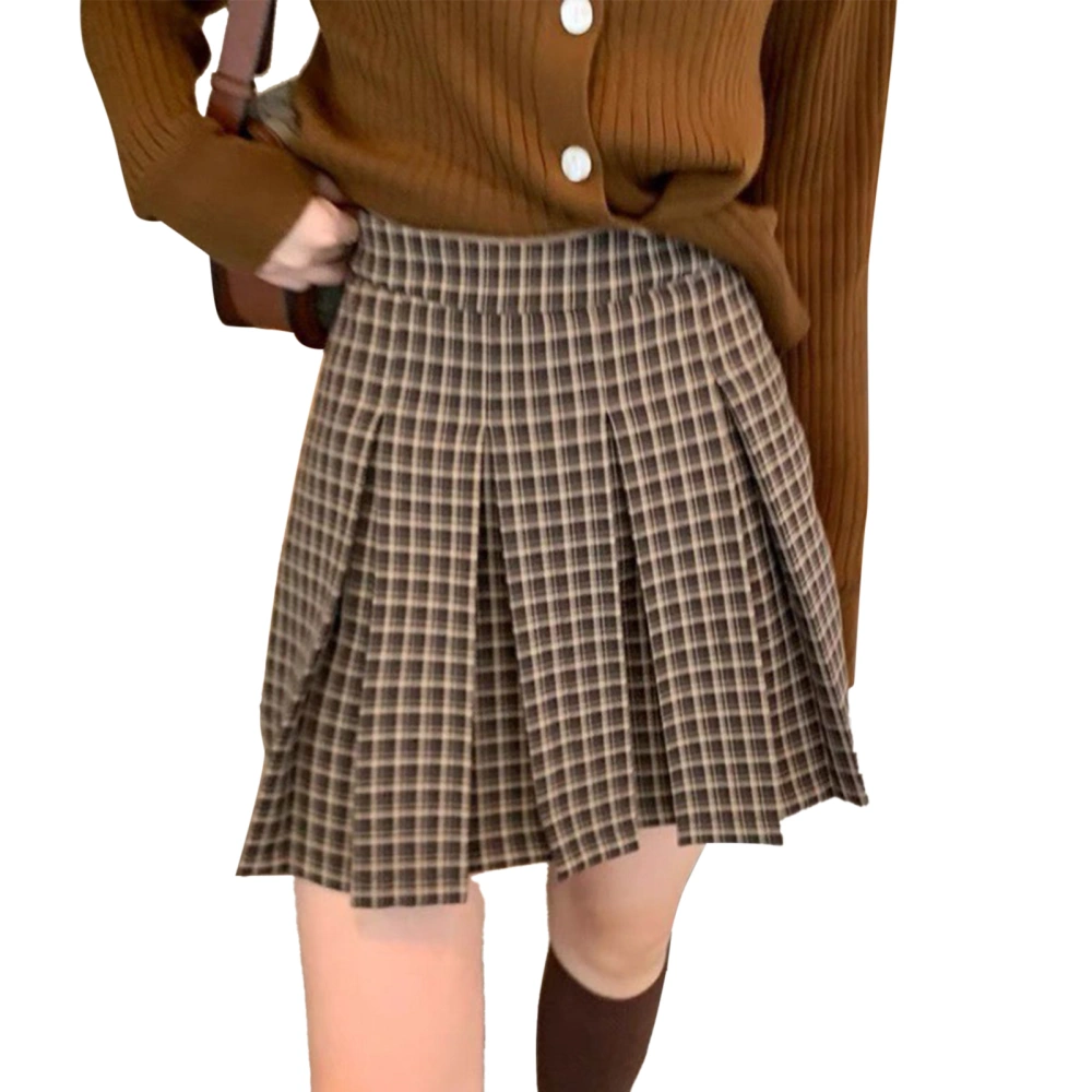 Plaid Pleated Skirt High Waist A Line Breathable Fashionable Women Skirt for Daily School Dating Brown S