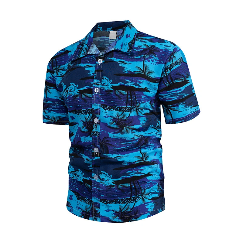 Short Sleeve Print Shirt Men Stylish Casual Turn Down Collar Button Up Beach Shirt for Holiday Party Blue and Black 3XL