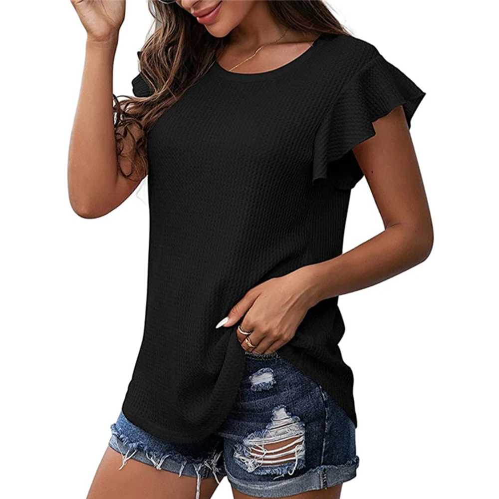 Ruffle Cap Sleeve Blouse Casual Fashion Elegant Crewneck Ruffle Short Sleeve Summer T Shirt Black L