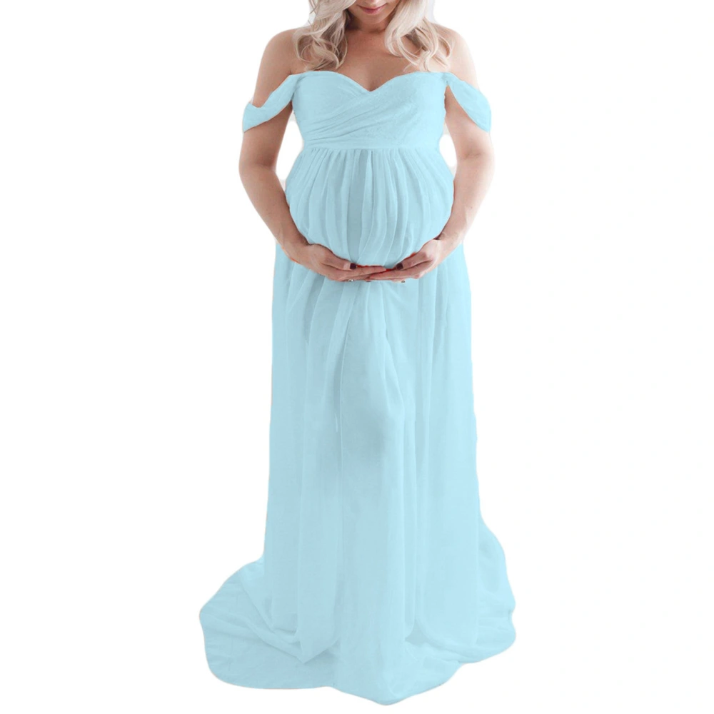 Maternity Long Dress Off Shoulder Elegant Stylish Loose Hem Pregnant Woman Dress for Bridal Shop Shooting Light Blue XL