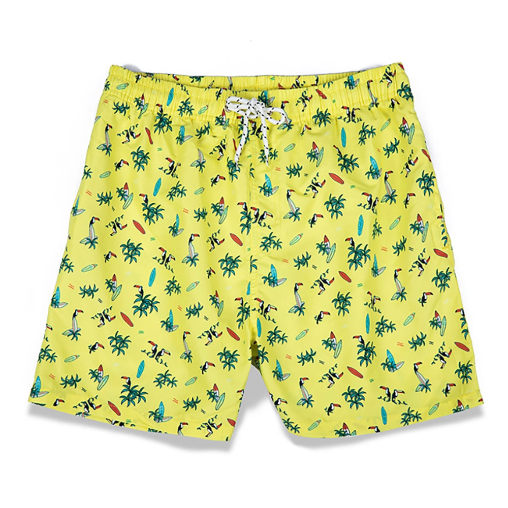 Man Beach Shorts Drawstring Design Leopard Print Polyester 2 Side Slanted Pockets Fifth Pants Board Shorts for Summer Yellow L