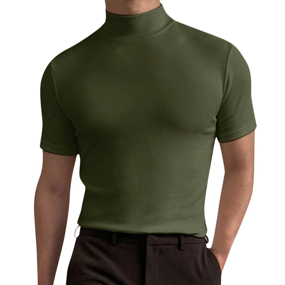 Men Short Sleeves Top High Elasticity Pure Color Turtleneck Slim Fit Undershirt Pullover OD Green M