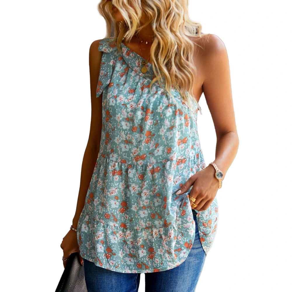 Tie Knot One Shoulder Ruffle Shirt Loose Casual A Line Flowy Floral Print Sleeveless Blouse for Summer Light Green S