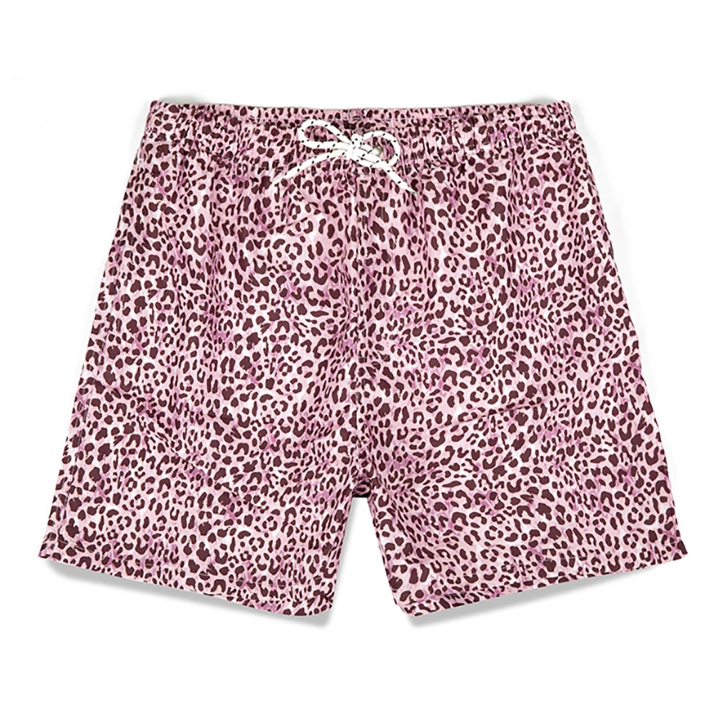 Man Beach Shorts Drawstring Design Leopard Print Polyester 2 Side Slanted Pockets Fifth Pants Board Shorts for Summer Pink XL