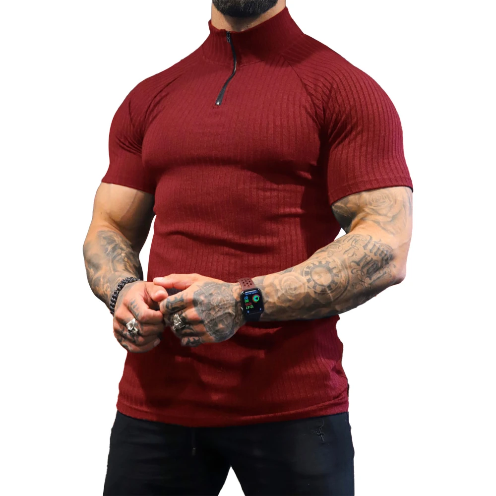 Men Muscle Shirt Short Sleeve Slim Fit Quarter Zip Pure Color Turn Down Collar Stretchy Zipper Shirt Red 3XL