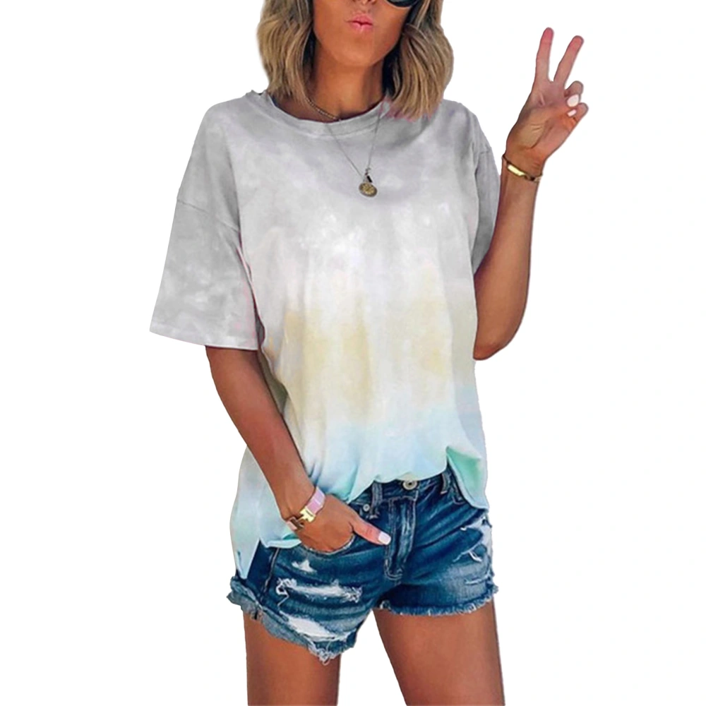 Women Short Sleeve T Shirt Crewneck Tie Dye Gradient Print Casual Fashionable Short Sleeve T Shirt Grey M