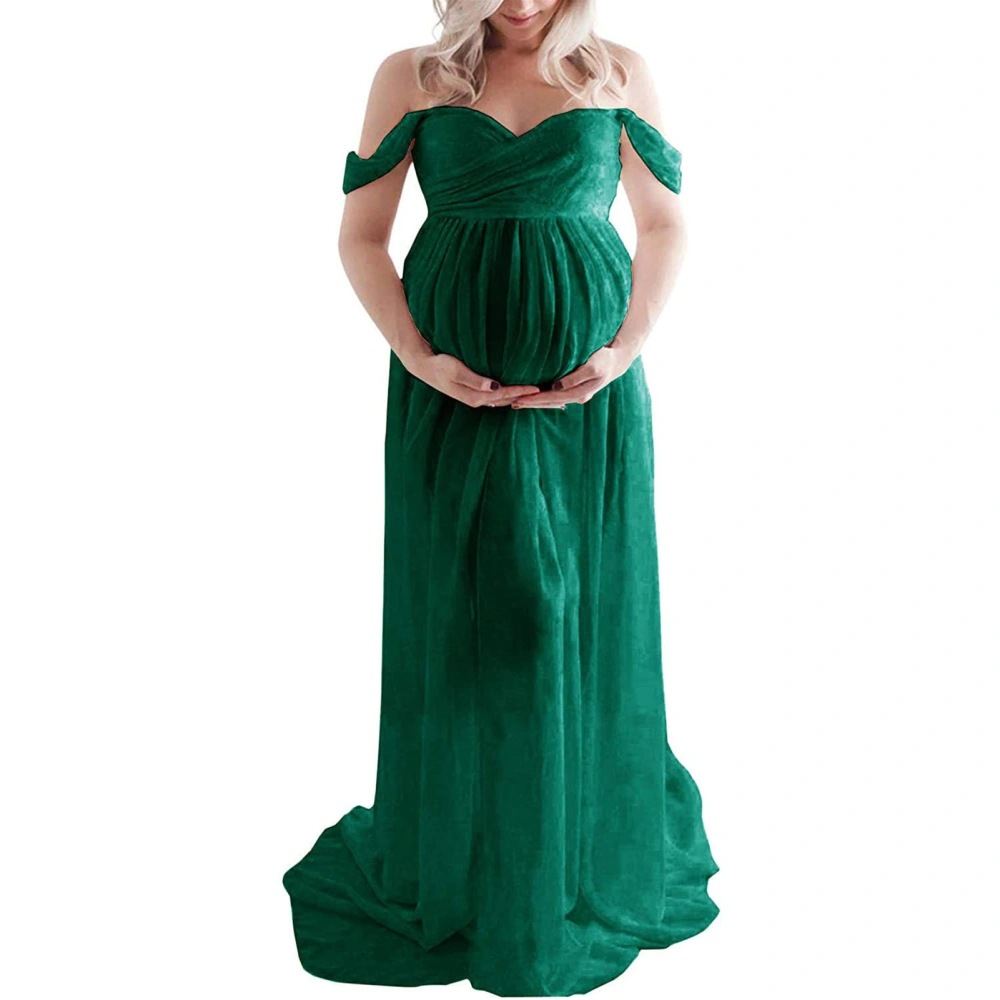 Maternity Long Dress Off Shoulder Elegant Stylish Loose Hem Pregnant Woman Dress for Bridal Shop Shooting Dark Green L